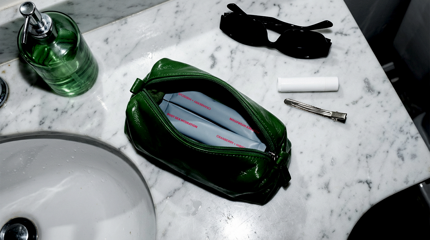 Green makeup bag with cosmetic items on a marble countertop Bladder Rx Reset